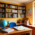 ** A cozy and bright home study space in Portugal. The room is organized with shelves full of books and educational materials. A child is working on a project at a desk, surrounded by maps, globes, and visual aids. Sunlight streams through a window, and plants add a touch of nature to the room. This showcases the stimulating learning environment of homeschooling.

**