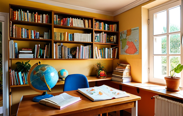 ** A cozy and bright home study space in Portugal. The room is organized with shelves full of books and educational materials. A child is working on a project at a desk, surrounded by maps, globes, and visual aids. Sunlight streams through a window, and plants add a touch of nature to the room. This showcases the stimulating learning environment of homeschooling.

**
