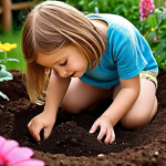 ** A child exploring a vibrant garden, hands touching the soil, surrounded by colorful flowers and butterflies. Focus on sensory details – textures, colors, and light. The overall mood should be joyful and curious.

**