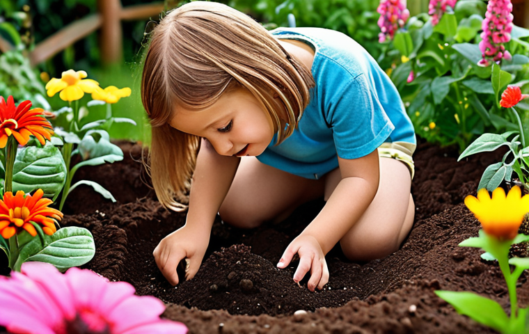 ** A child exploring a vibrant garden, hands touching the soil, surrounded by colorful flowers and butterflies. Focus on sensory details – textures, colors, and light. The overall mood should be joyful and curious.
**