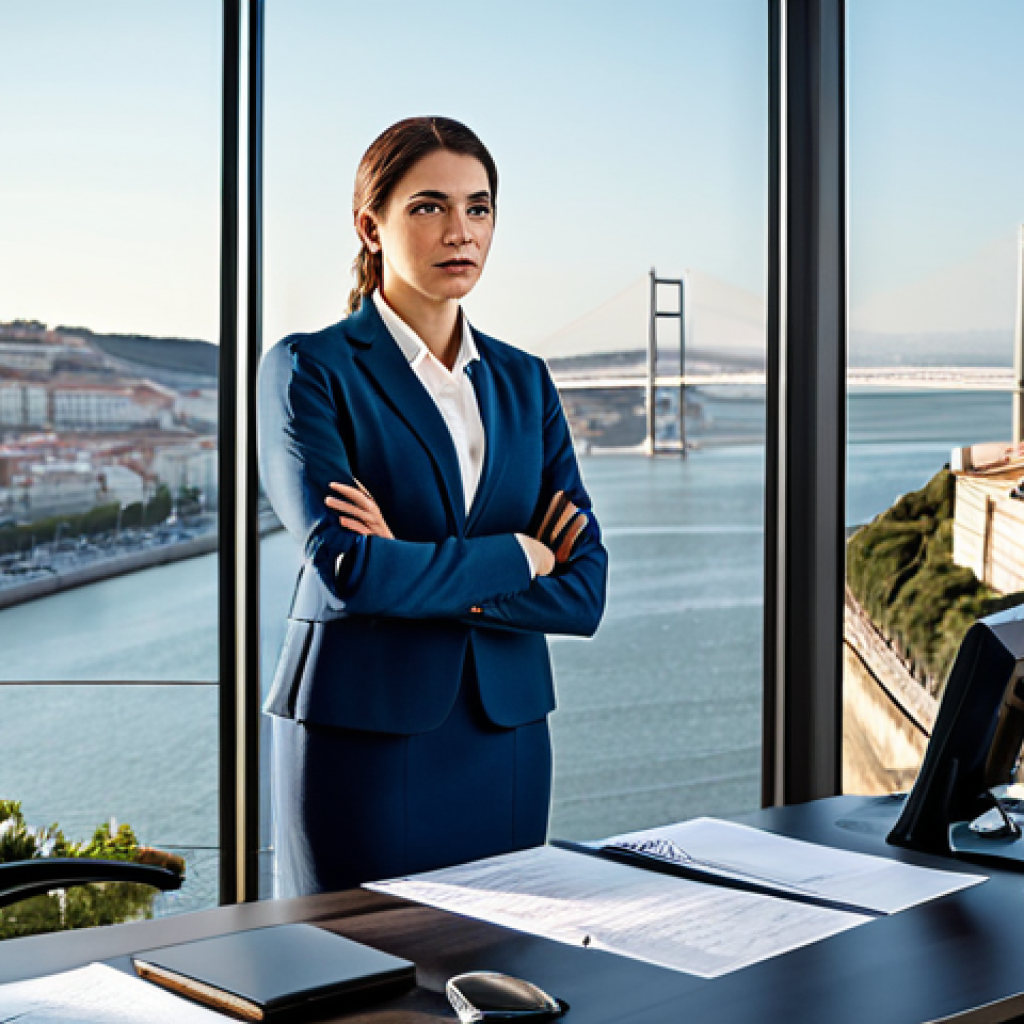 ** A professional woman, fully clothed in a tailored business suit, giving a presentation in a modern office in Lisbon. The background features a cityscape view of the Tagus River. Perfect anatomy, correct proportions, professional lighting, safe for work, appropriate content, fully clothed, professional, family-friendly.

**