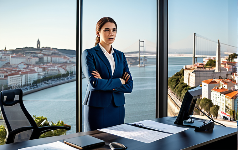 ** A professional woman, fully clothed in a tailored business suit, giving a presentation in a modern office in Lisbon. The background features a cityscape view of the Tagus River. Perfect anatomy, correct proportions, professional lighting, safe for work, appropriate content, fully clothed, professional, family-friendly.

**