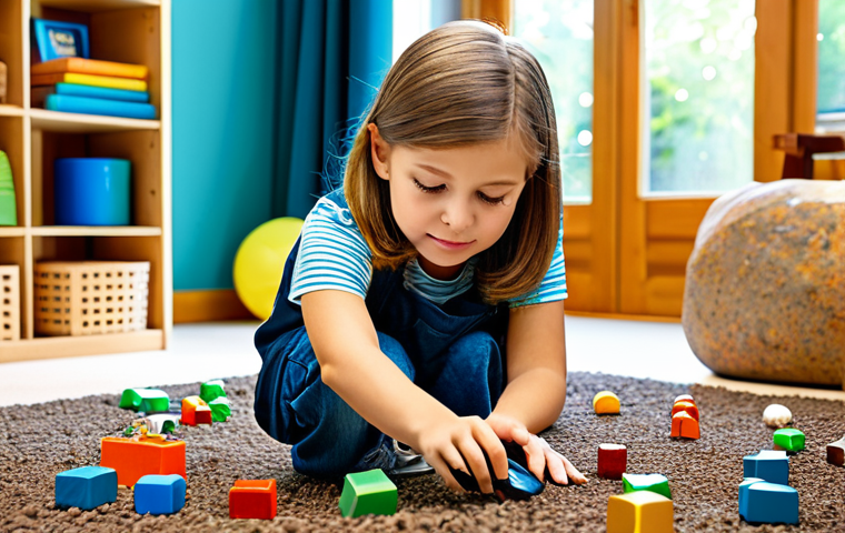 **"Curious Child Explorer":** A fully clothed, bright-eyed child (boy or girl), approximately 8 years old, surrounded by colorful books, building blocks, and natural objects like leaves and rocks. The child is actively engaged, examining a magnifying glass, with a backdrop of a sunny, inviting playroom. Safe for work, appropriate content, family-friendly, professional photography, perfect anatomy, natural pose.