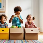 유아기 창작 활동 지도 - **Prompt:** A vibrant and joyful scene of three children (aged approximately 4-7 years old) engaged ...