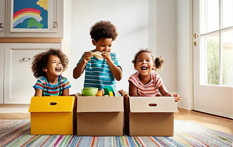 유아기 창작 활동 지도 - **Prompt:** A vibrant and joyful scene of three children (aged approximately 4-7 years old) engaged ...