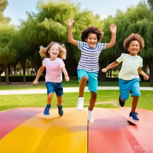 영유아 기초 체력 키우기 - **Prompt:** A dynamic, wide-angle shot of three energetic preschool-aged children (two boys and one ...