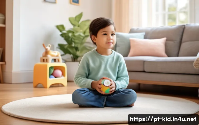 기질별 맞춤 양육법 - A warm, cozy family living room scene featuring a sensitive child with a calm expression, sitting qu...