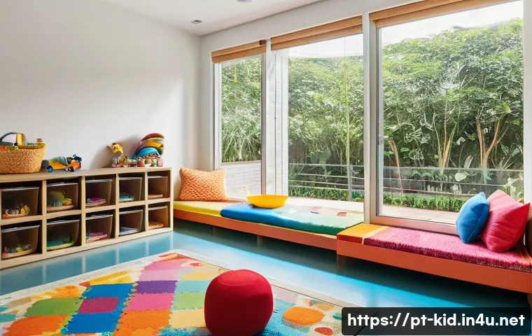 유아기 환경 조성 원리 - A bright and cheerful playroom designed for a young child in Brazil, featuring low, rounded-edge woo...