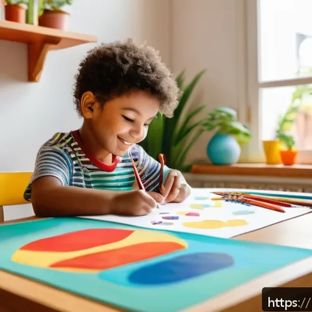 아동 미술 심리 분석 - A vibrant children's drawing scene showing a young child wearing colorful casual clothes, sitting at...