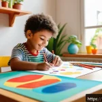 Home 16 아동 미술 심리 분석 - A vibrant children's drawing scene showing a young child wearing colorful casual clothes, sitting at...