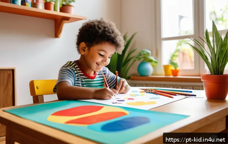 아동 미술 심리 분석 - A vibrant children's drawing scene showing a young child wearing colorful casual clothes, sitting at...