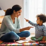 Home 15 유아기 발표력 향상법 - A warm and cozy family living room scene showing a mother and her toddler sitting on a colorful rug,...